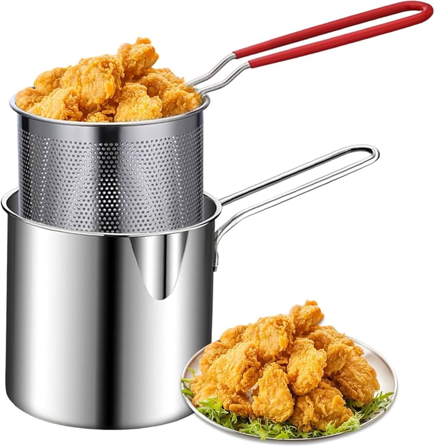 Stainless steel fryer, French fries and chicken wings, household small oil pot with filter screen.